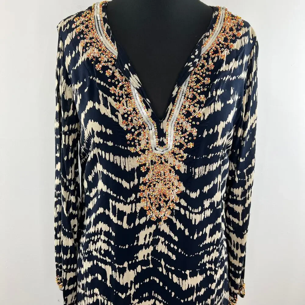 Soft Surroundings Navy Tan Split Embellished V-Neck Akira Tunic Size M ?